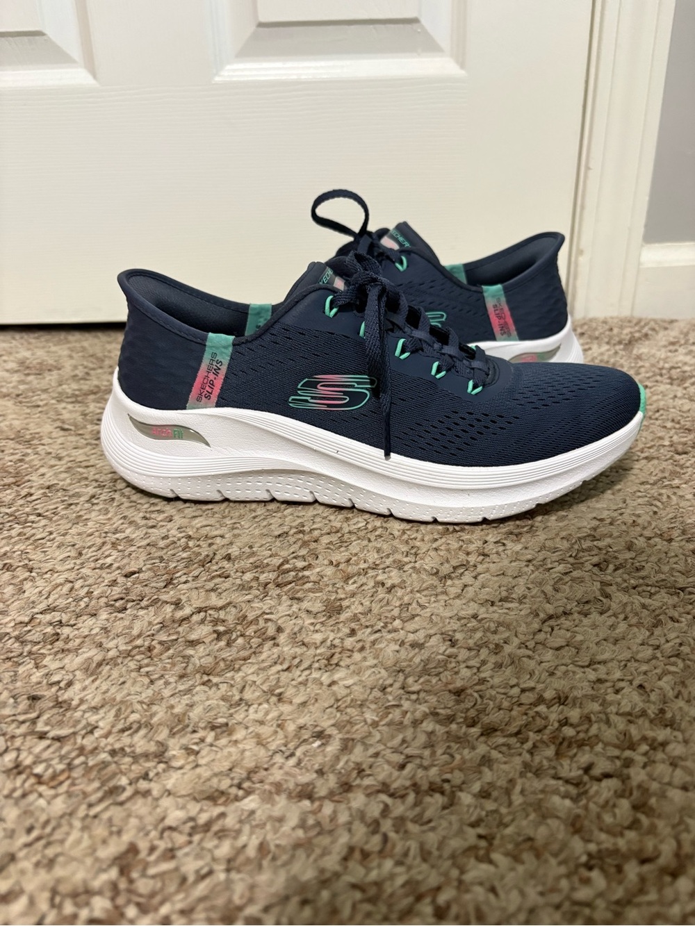 Skechers Navy Athletic Slip-On Sneakers with Mint and Pink Accents-worn once!